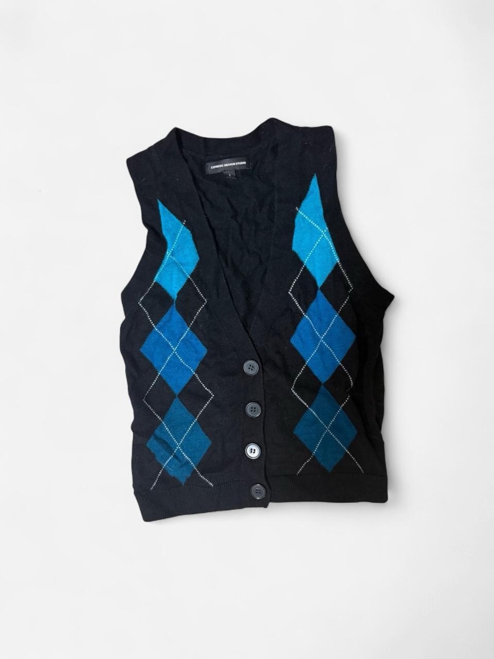 Express Black Argyle Button Vest with Blue Diamonds - Kids